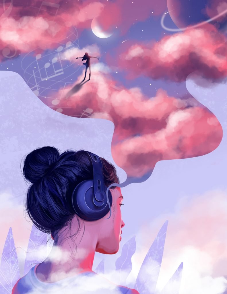 Illustration of a black-haired woman with headphones facing the city skyline 