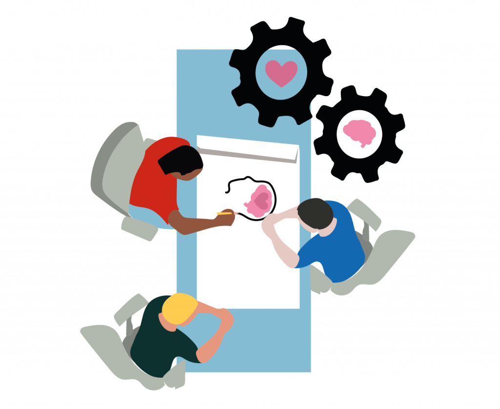 A small, diverse team sits around the table working on a project represented by a picture of a human head with a brain.